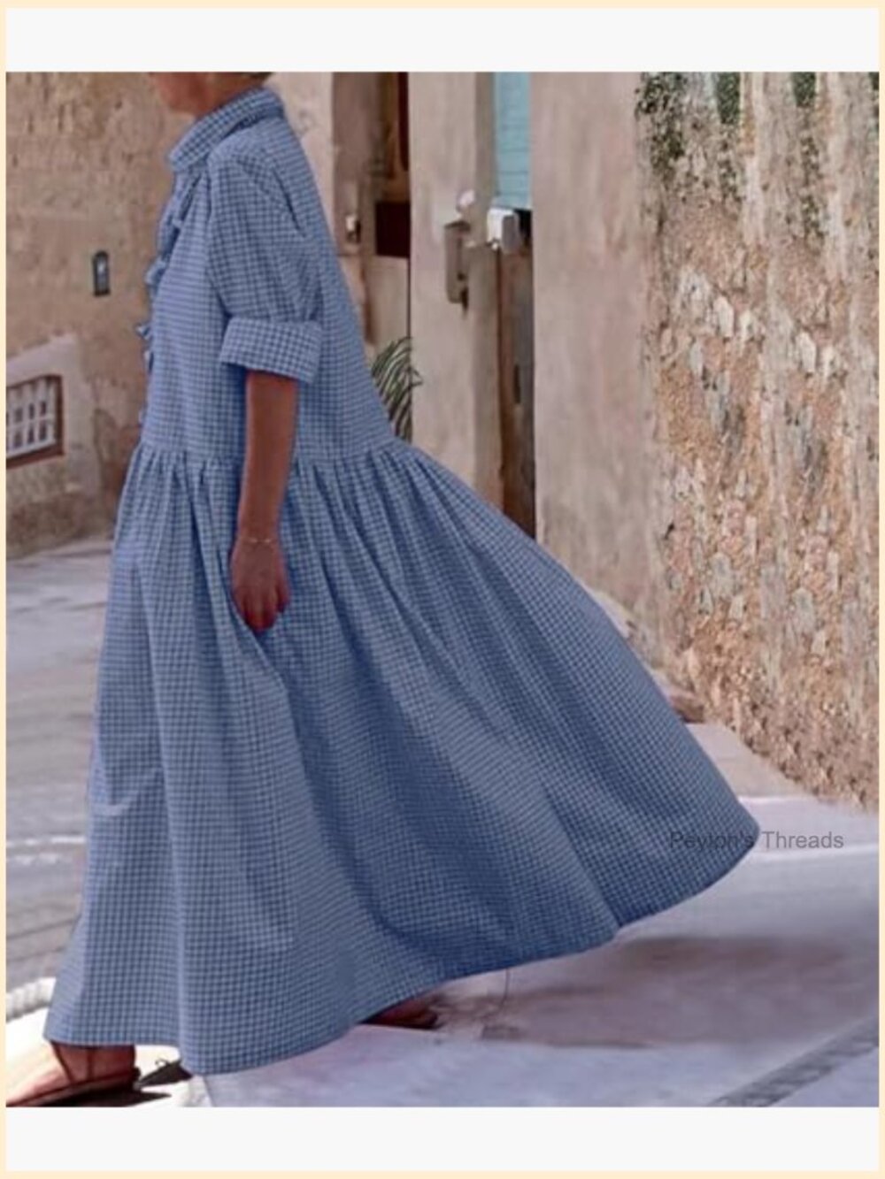 Women's Retro Plaid Button Down Maxi Shirt Dress Long Sleeve Gingham Swing Dress - Picture 5 of 5